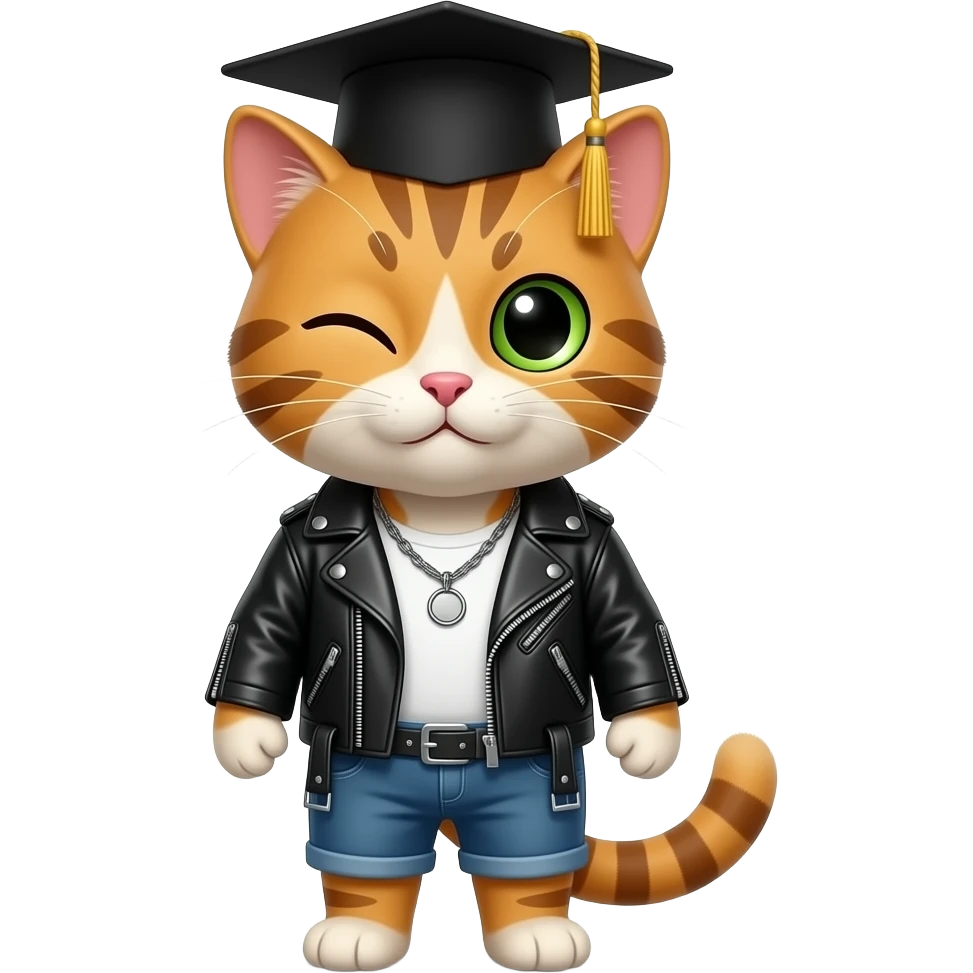 GATO CON UN OJO CERRADO Y EL OTRO ABIERTO CON UNA CHAQUETA DE CUERO PUNKERA CON UN SOMBRERO  DE GRADUADO emoji