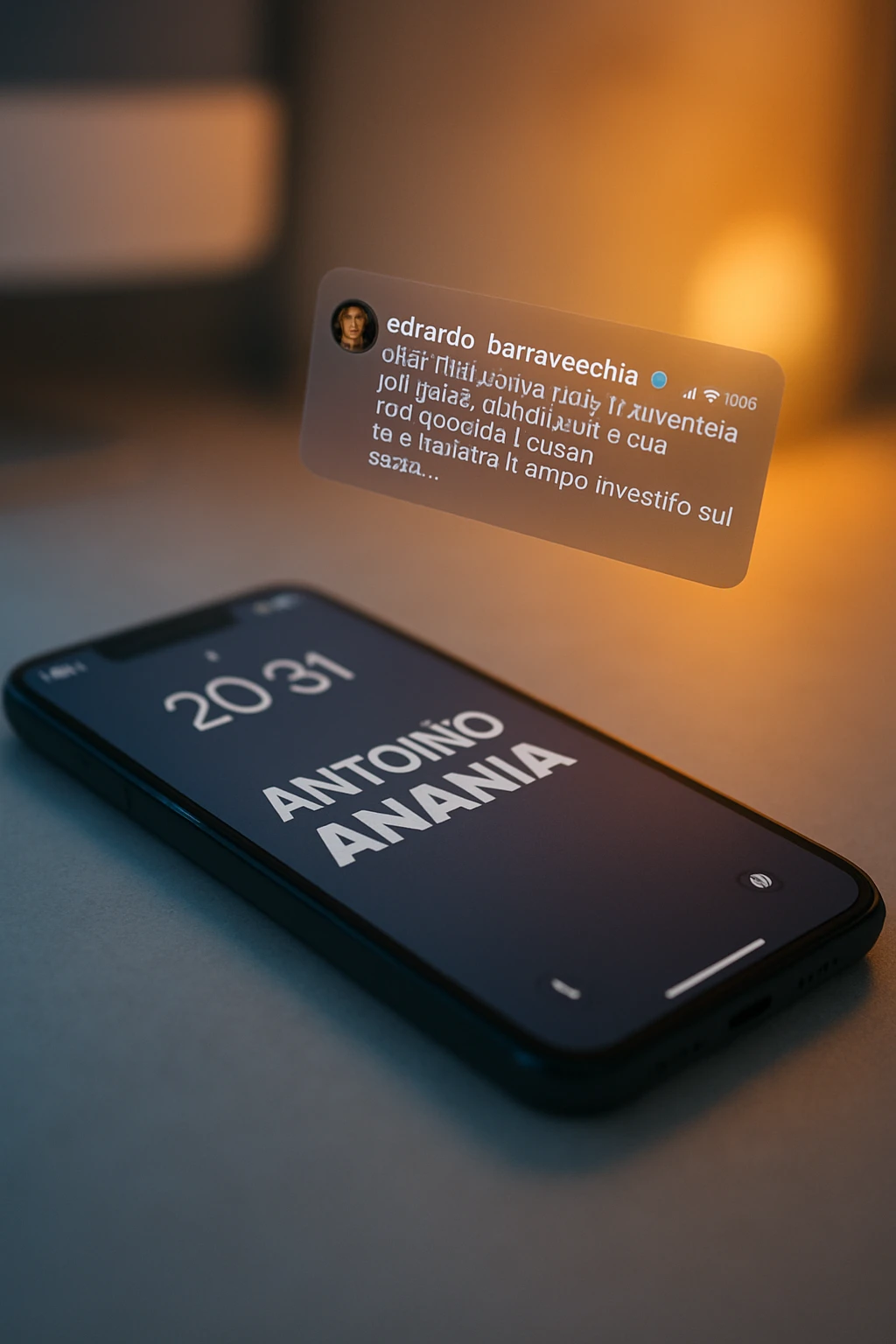 A photo of an iPhone with the message "Antonio Anania" on its scree, both surrounded by soft light and shadow. The phone sits atop a desk with a blurred background that suggests work environment. A faint glow from above casts gentle shadows across the surface of each object, creating depth and highlighting their textures. emoji