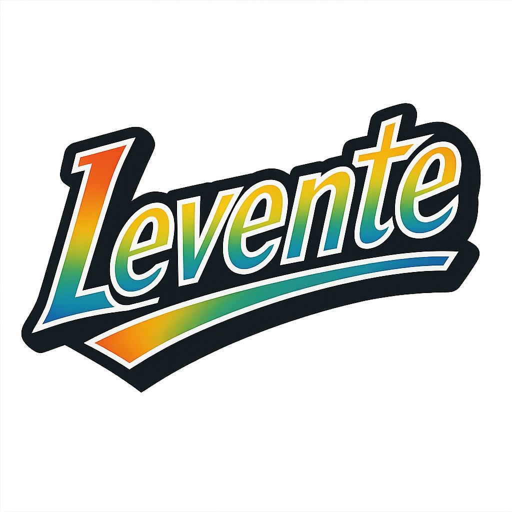 The name 'Levente' in modern, precise Hungarian letters with a rainbow gradient fill, extra thick white letter outline, dark contour, transparent background, dynamic slanted underline, in the style of the reference sample images. emoji