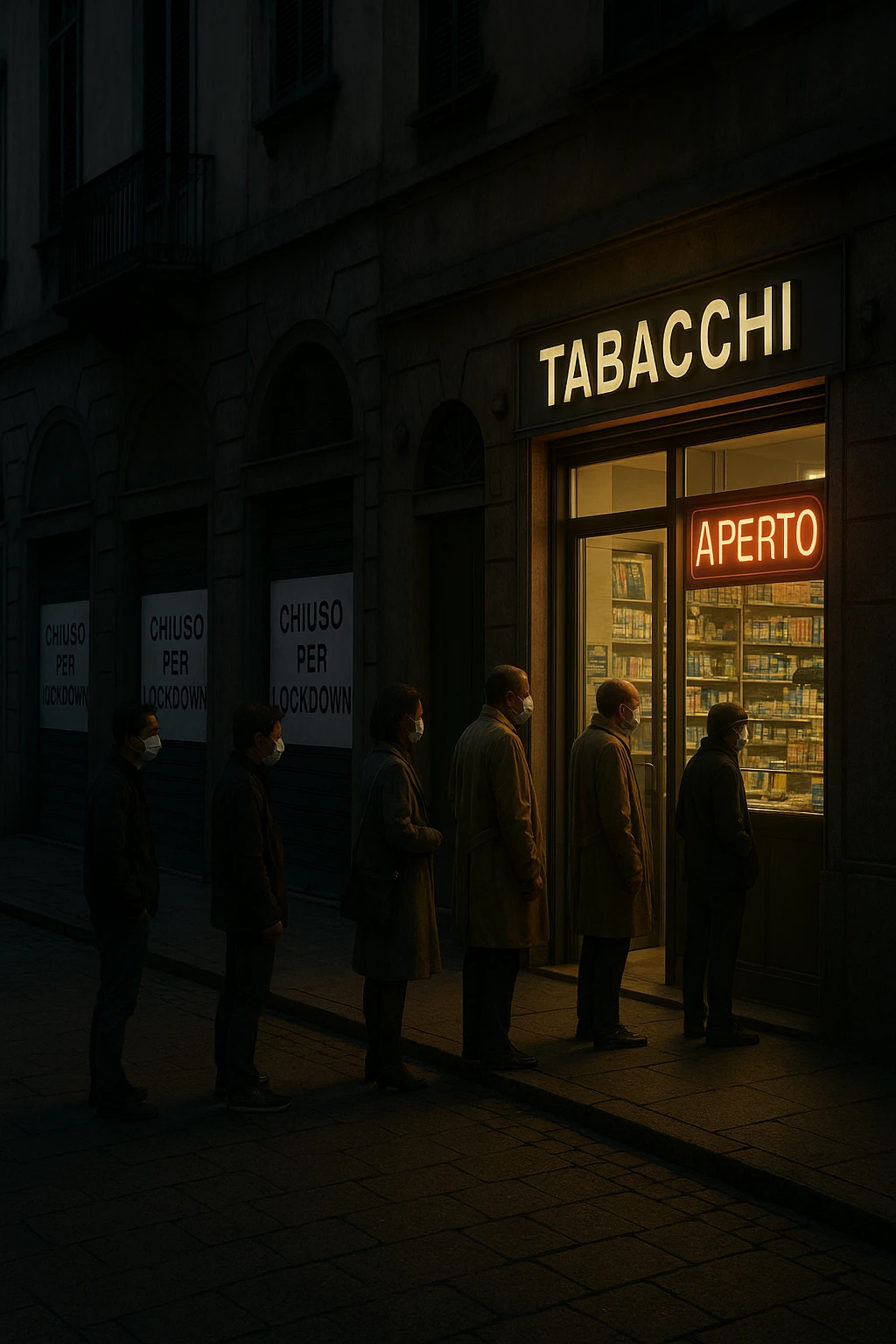 a deserted city street with all shops and businesses shuttered, their windows covered with “Chiuso per Lockdown” signs. In contrast, a brightly lit tobacco shop stands open, with a glowing “Aperto” sign and people lined up outside, all wearing masks. The mood is somber and critical, highlighting the paradox. emoji
