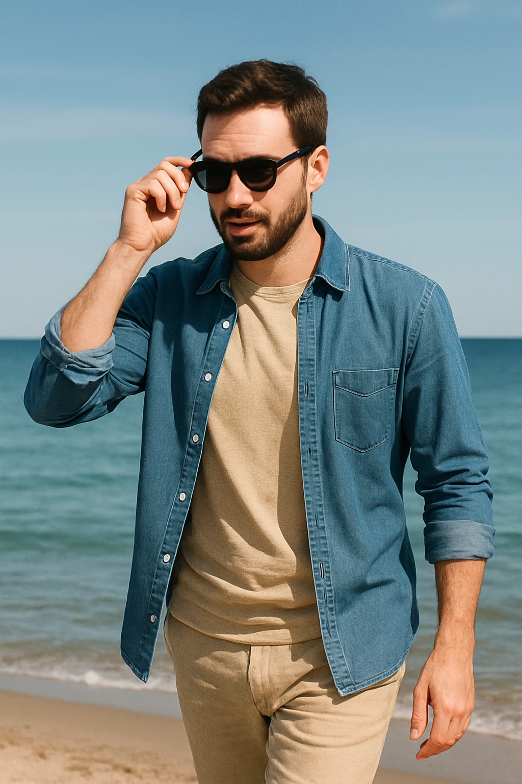 uomo passeggia a mare e si mette gli occhiali da sole emoji