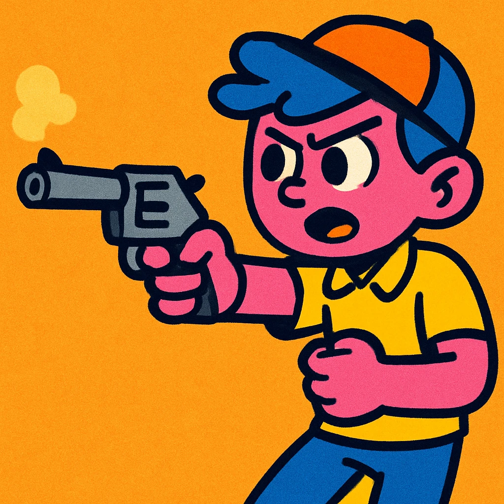 a boy with pink skin, blue hair, wearing a hat, pointing a gun, clear and expressive style, vibrant colors emoji