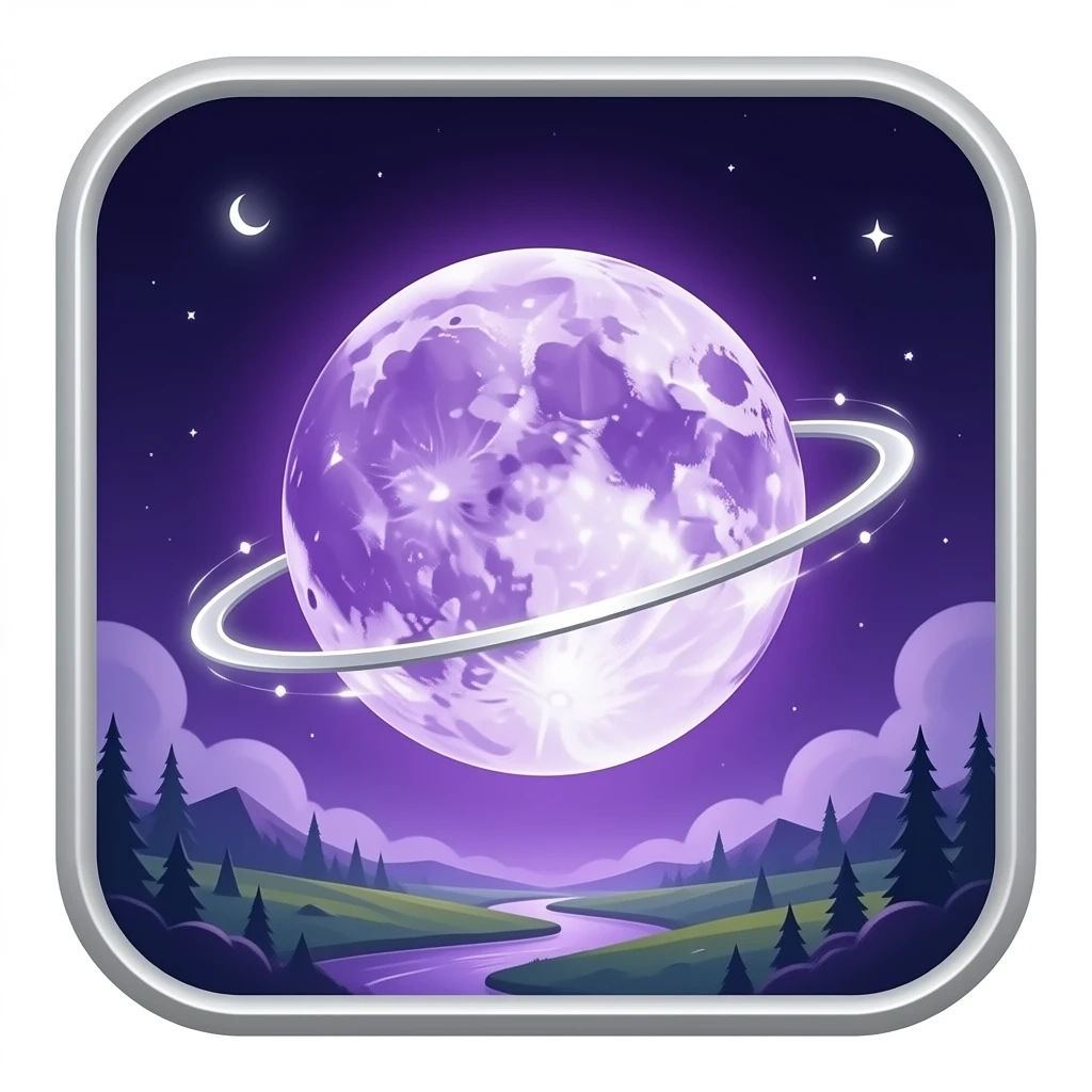 "Violet shimmering moon with silver rounds, pulsating energy types and mystical aura." emoji