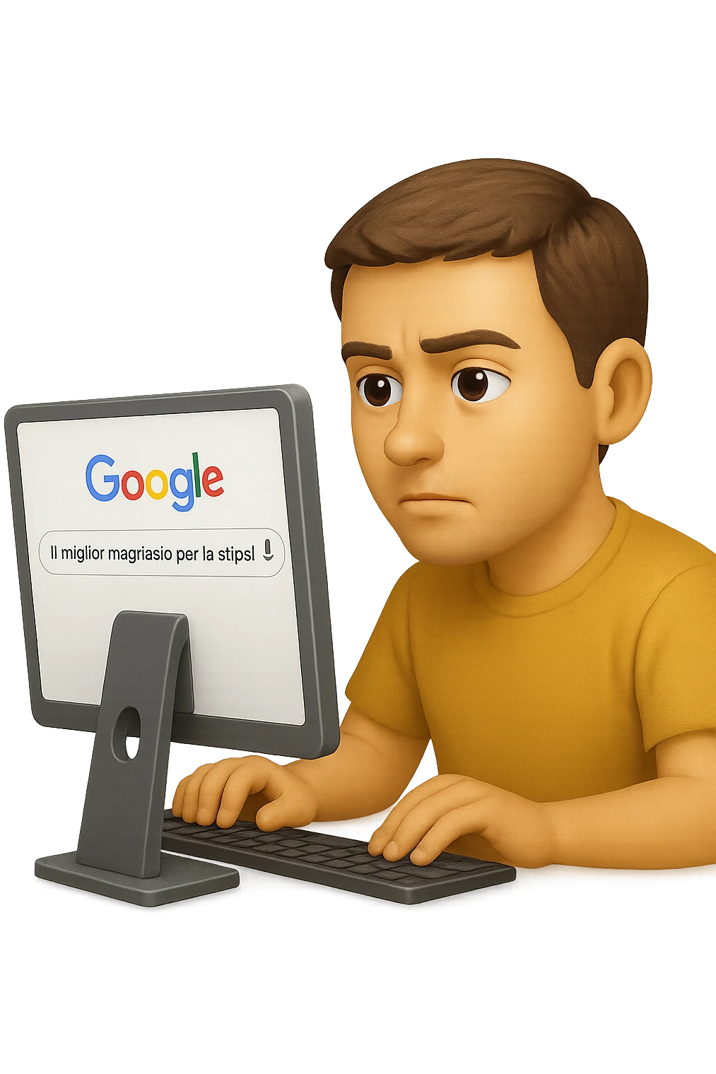 emoji stile iphone di un uomo davanti al pc che cerca di google: "Il miglior magnesio per la stipsi", iperrealistico 4k emoji