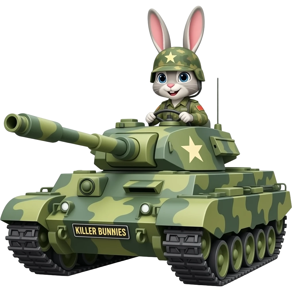 bunny in army fatigues driving a Tank text Killer Bunnies on bumper emoji