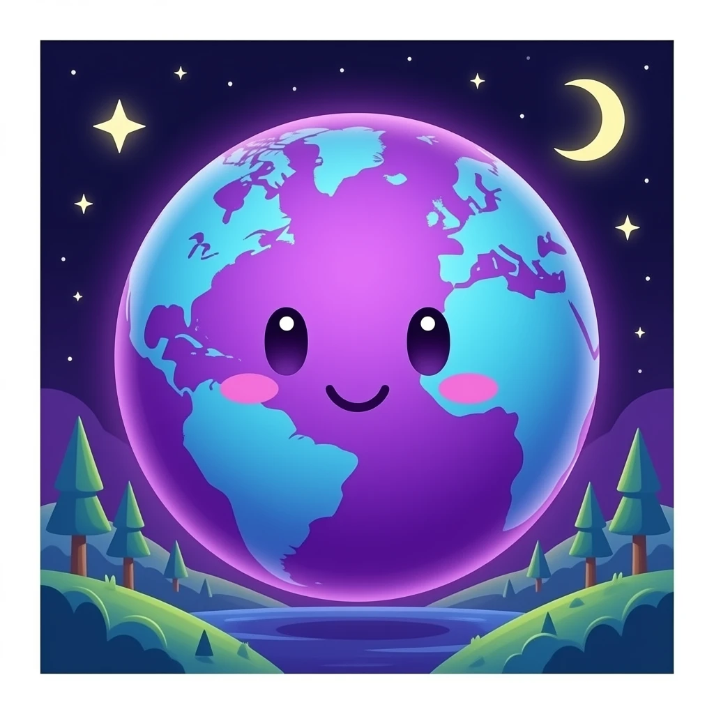 neon purple planet with a face, very cute and beautiful emoji