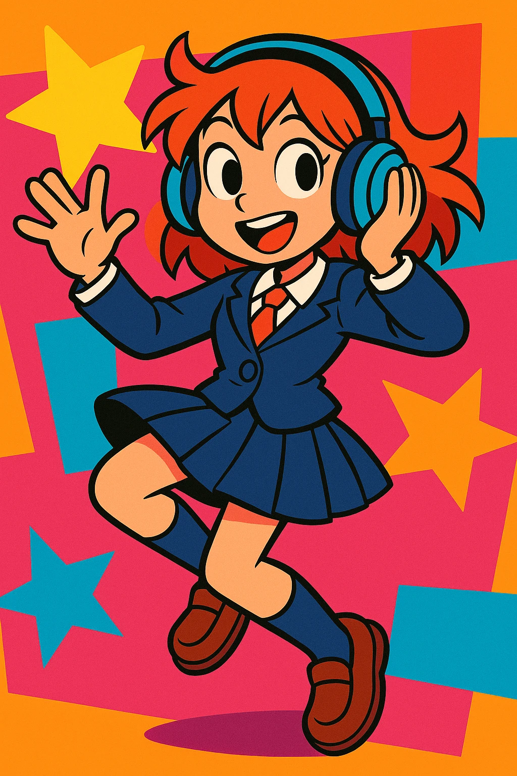 girl in a school uniform with headphones, vibrant cartoon style, dynamic pose, colorful background emoji