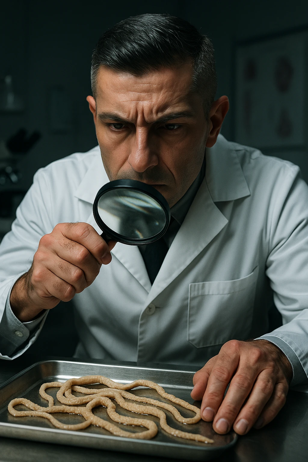 A middle-aged male kinesiologist wearing a pristine white lab coat, intensely analyzing long, beige tapeworms (like Taenia) under a magnifying glass. His expression is focused and slightly concerned, with dramatic studio lighting casting sharp shadows. The parasites are highly detailed, moist, and textured, stretched across a sterile metal tray. The background is blurred but suggests a clinical environment—hints of a microscope, medical charts, and clean lab equipment. The style is hyper-realistic, with a cinematic contrast between the bright white coat and the grotesque, organic forms of the parasites. No sci-fi elements, just raw medical realism with a disturbing edge emoji