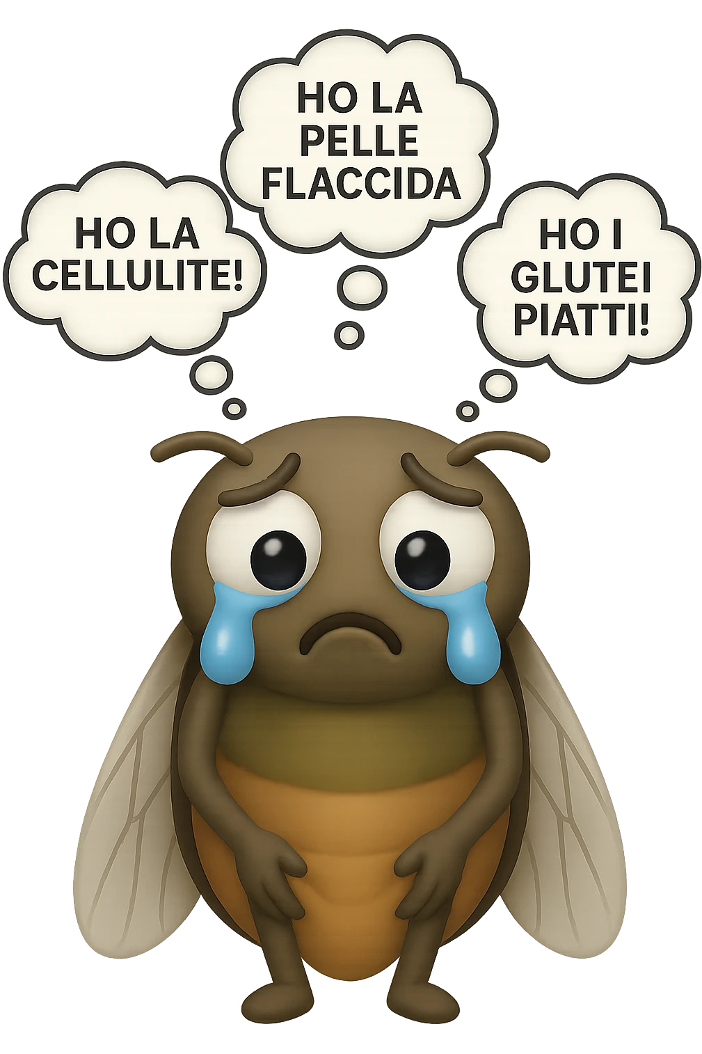 EMOJI STILE IPHONE 3D DI una cicala triste che si tocca le cosce e piange perché non le piace il suo fisico, posa frontale, fagli anche la parte bianca degli occhi, non solo la pupilla, sulla testa della cicala aleggiano i pensieri "HO LA PELLE FLACCIDA", "HO LA CELLULITE!", "HO I GLUTEI PIATTI!" emoji