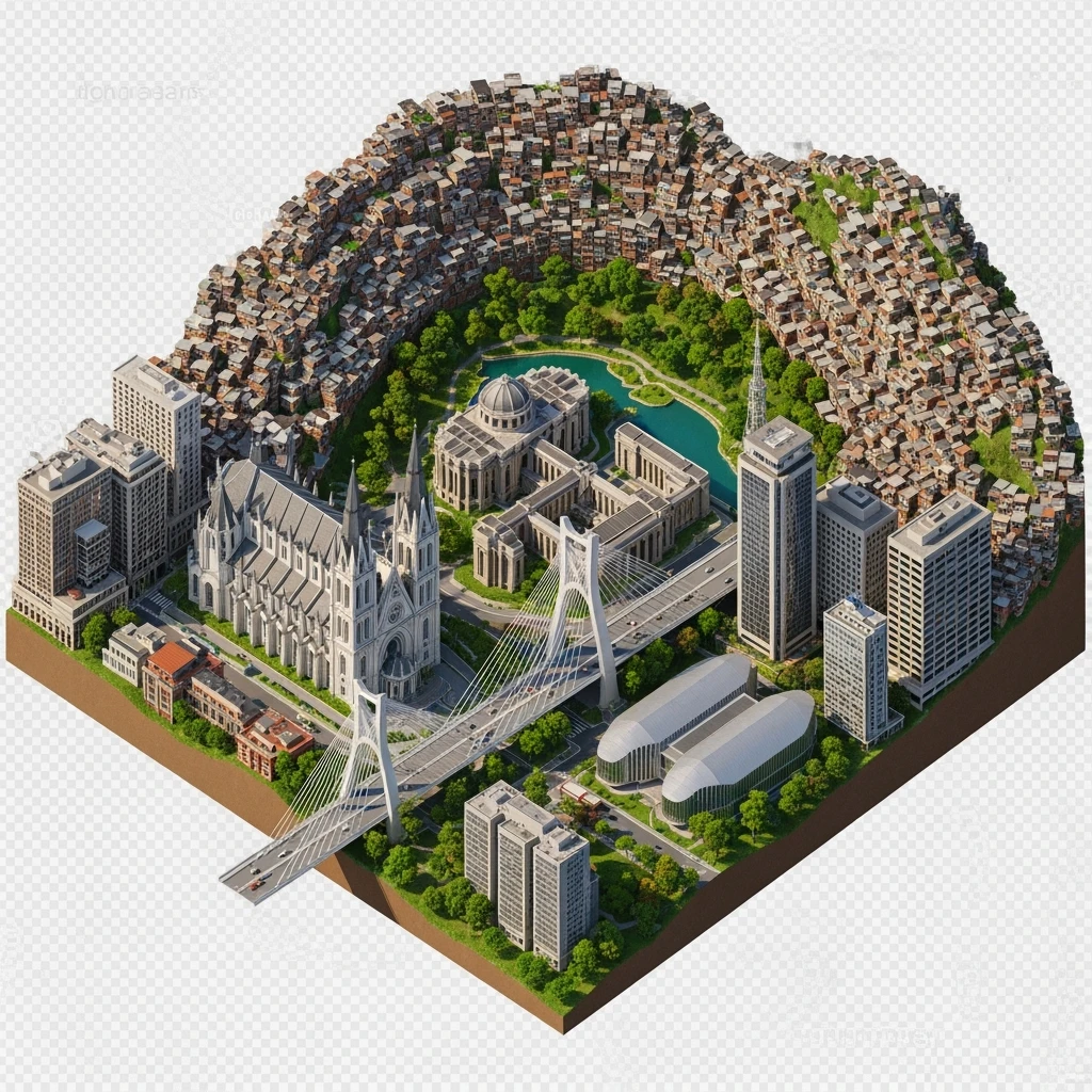 Isometric miniature of São Paulo Catedral da Sé, photorealistic MASP, Octávio Frias Bridge, and Altino Arantes building, favelas on hillsides, dense chaotic urban blocks, and green parks 3D miniature effect and Tilt Shift effect, no cartoonish look, transparent background. emoji