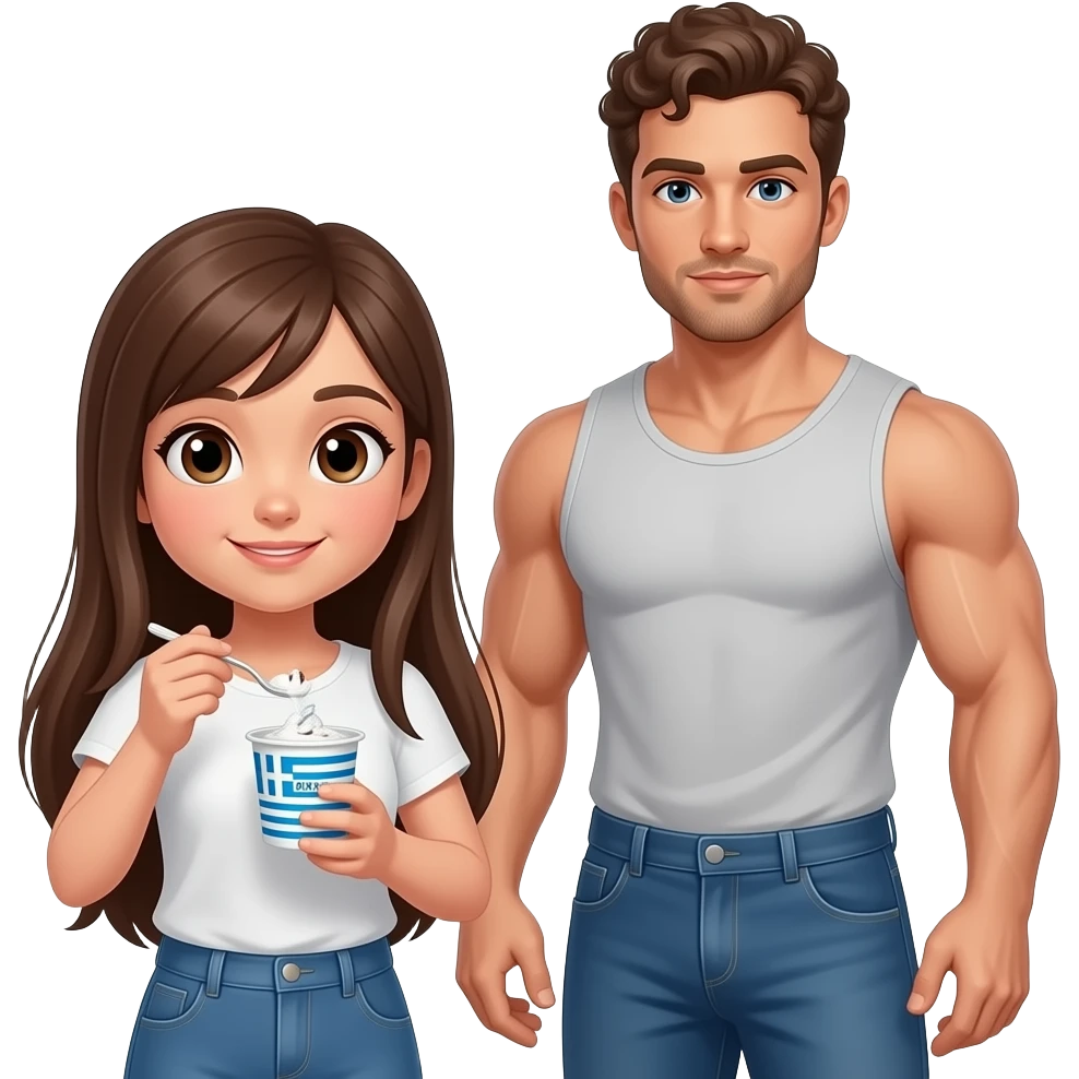 Realistic pale skin brown long straight hair girl eating greek yogurt with her short brown curly hair muscular man HD emoji