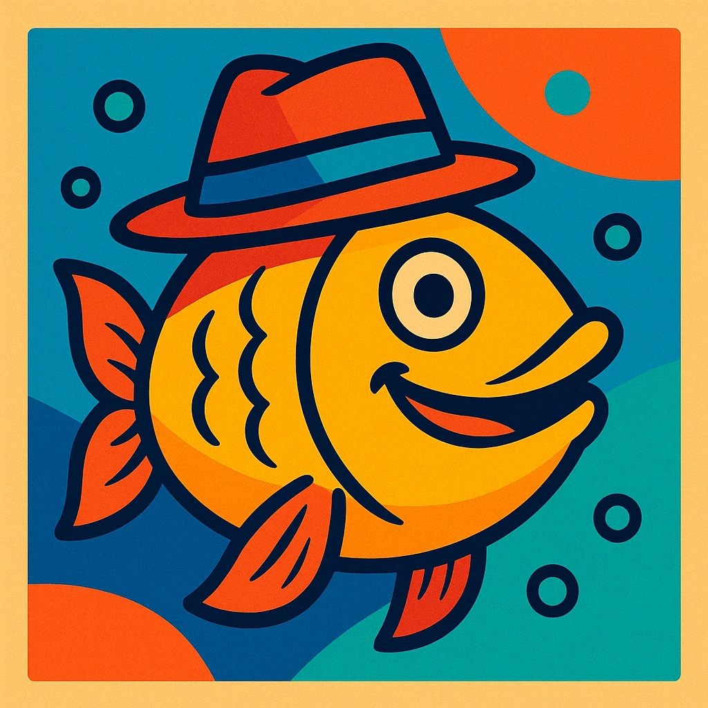 a fish wearing a hat, vibrant cartoon style emoji