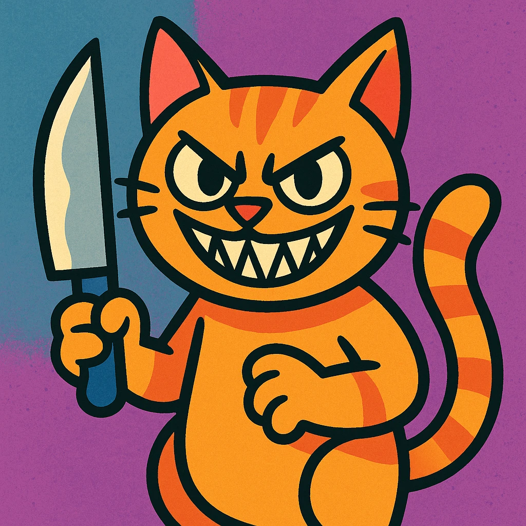 a cat holding a knife with a menacing smile, fun and expressive style, bold colorful cartoon illustration emoji