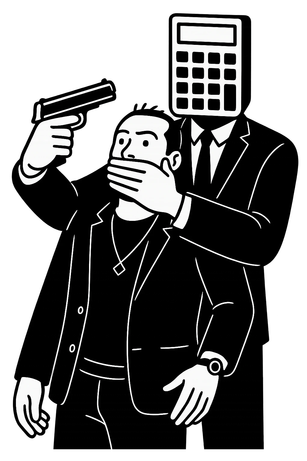 Используя такую стилистику и точно такого же героя, сгенерируй картинку. На ней позади героя стоит фигура в черном костюме, у которой вместо головы калькулятор и она приставила к виску героя пистолет, а другой рукой закрывает рот героя, прозрачный фон emoji
