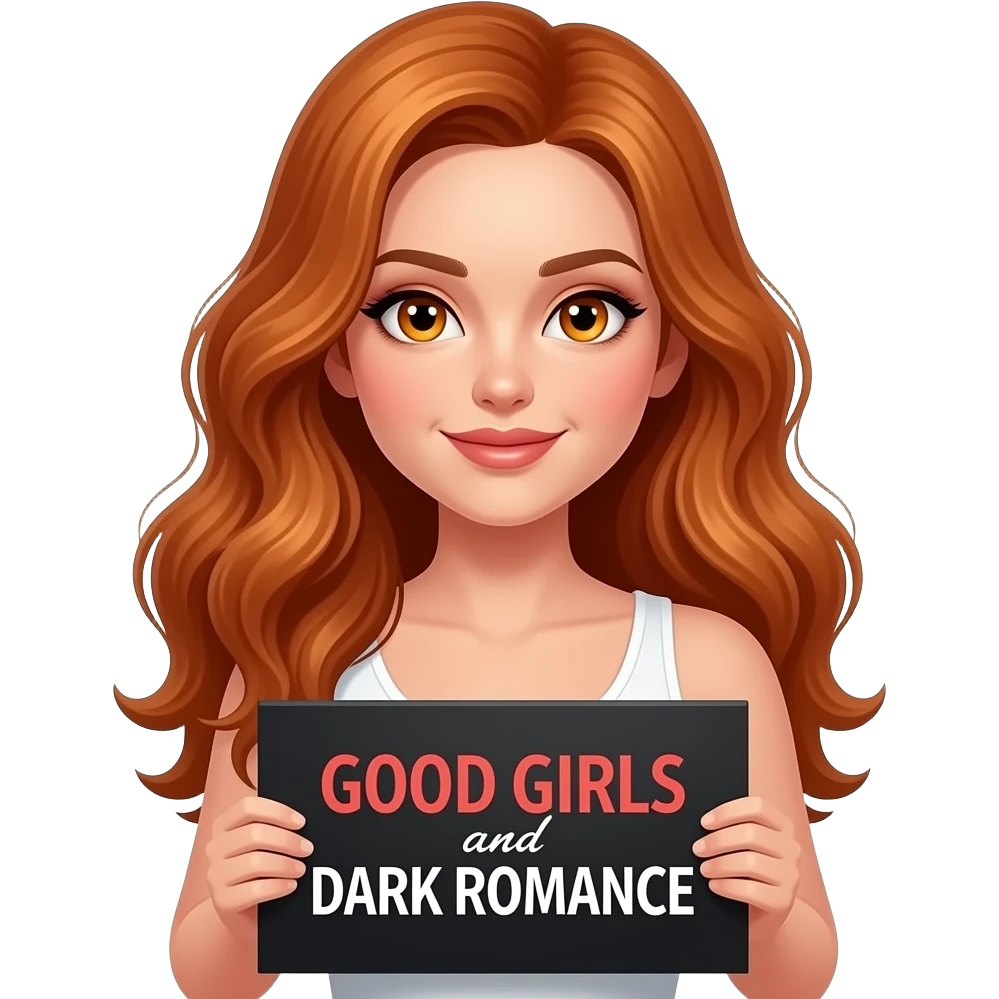 sexy girl with long wavy ginger hair and ginger eyes wearing a white tanktop is holding a black colored sign with GOOD GIRLS read DARK ROMANCE written on it emoji