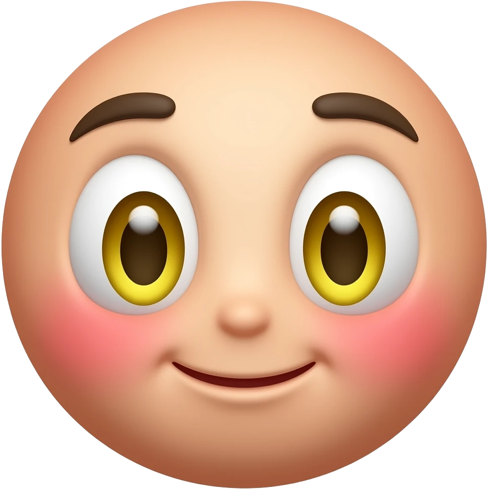 붉은색 얼굴의 홍조를 하고 있는 노란 눈알 갈색 동공의 귀여운 만화 입체적 이모티콘 emoji