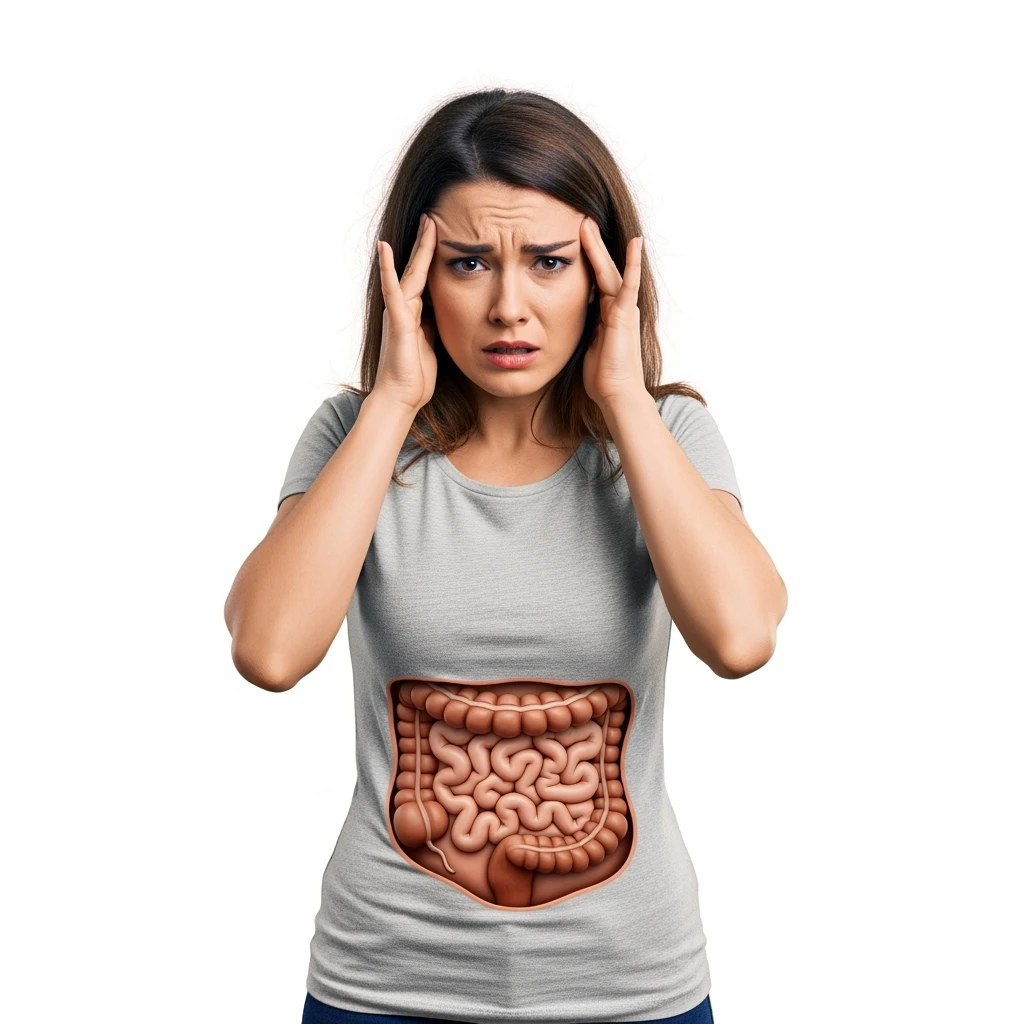 DONNA ANSIOSA CON INTESTINO UMANO ANATOMICO REALISTICO VISIBILE, SI TIENE LE MANI SULLE TEMPIE, iperrealistico 4k, SFONDO BIANCO emoji
