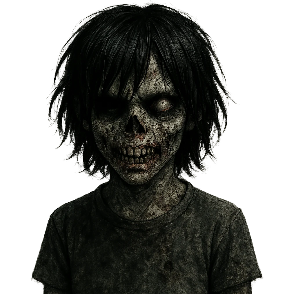 spooky zombie boy, medium-long black hair in emo shaggy style, sinister and creepy face emoji