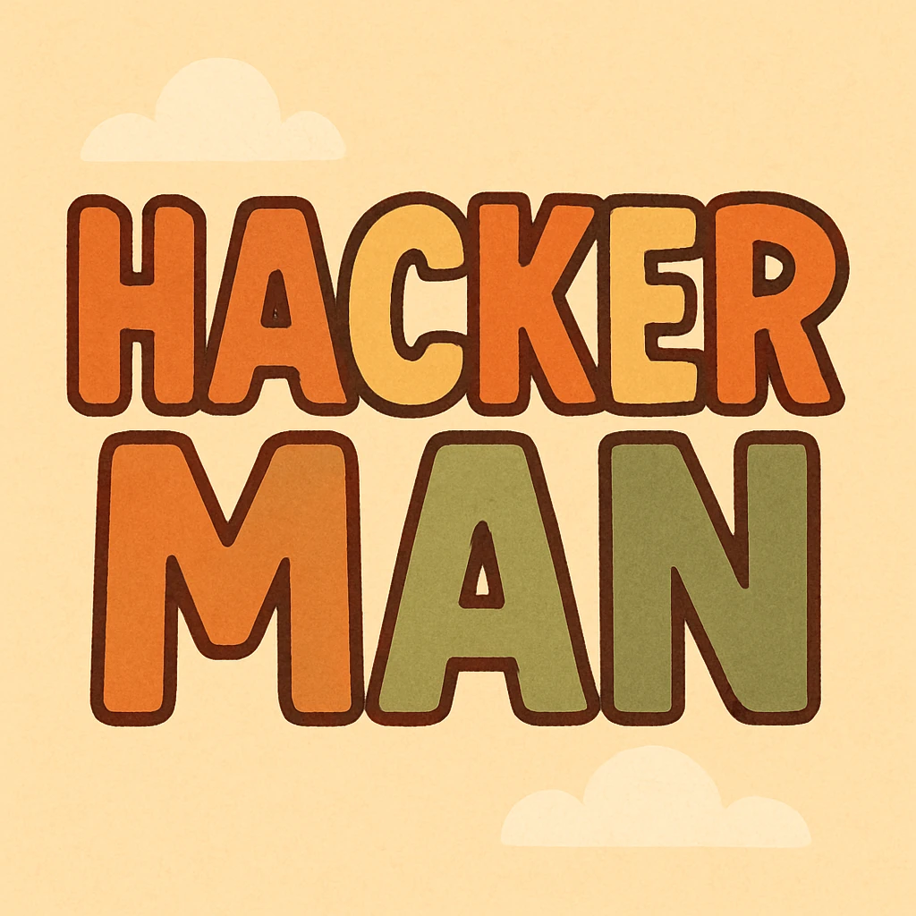 the phrase HACKER MAN as a bold, eye-catching logo or icon in flat warm colors style emoji