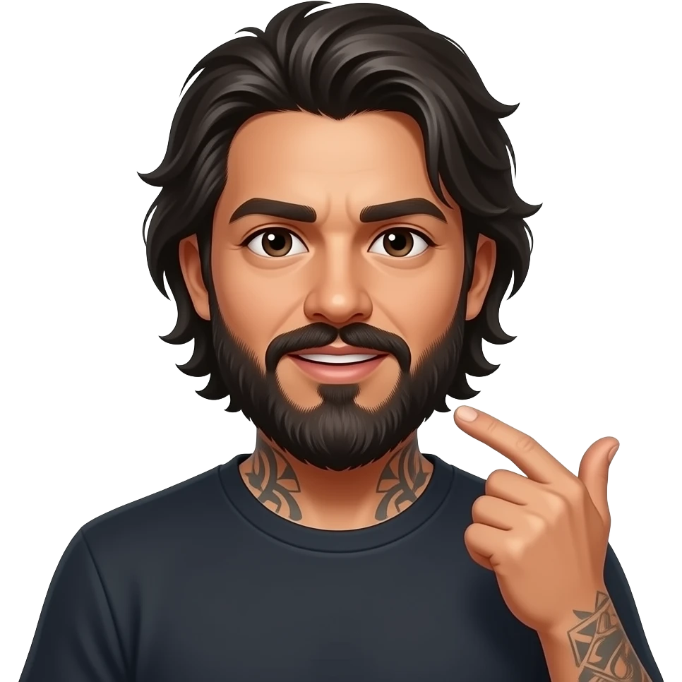 Kawaii style Handsome Latino, man with medium length hair and tattoos with a long beard saying nope emoji