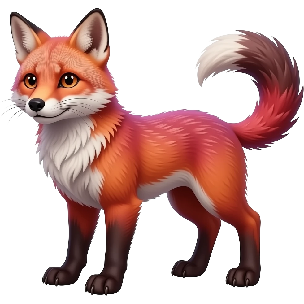 Realistic Feral Rare Fantasy dark pastel gradient-pink-red-orange Vernid-Fionbri-species by LiLaiRa, random markings, full body, 4 legs, thin tufted tail emoji