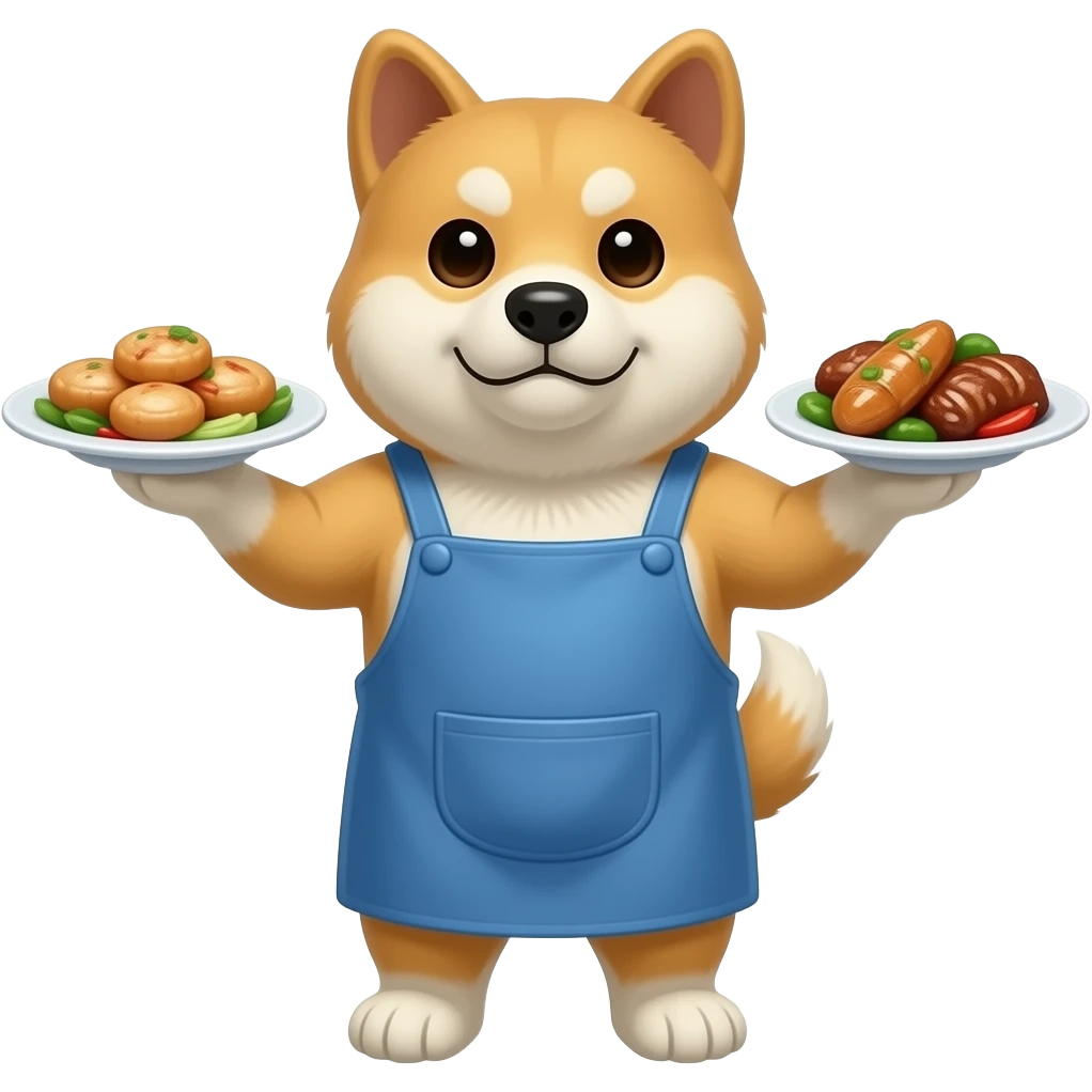 Hachiko dog in chibi cute animation standing on 2 legs , busy serving 2 plates of chinese food , with blue apron on emoji