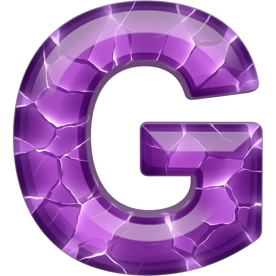 A hyper-realistic 3D letter 'G' carved from translucent purple amethyst, filled with glowing internal fractures. Volumetric lighting, cinematic glow, dark background, 8k resolution, emoji