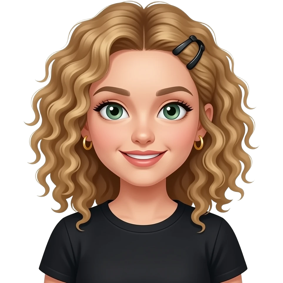 Create a fair girl with super curly hair and sage green eyes and curly dirty blonde hair, and give her gold small hoop earrings, curlier hair, and give her some lip gloss, and give her a black t shirt, and make her smile a little bit, and pull her hair back a little bit into a claw clip emoji