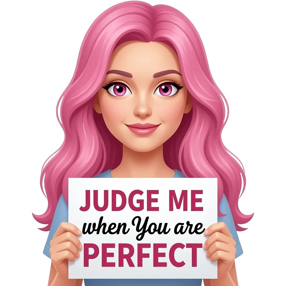 sexy girl with long pink hair and pink eyes holding a JUDGE ME when YOU are PERFECT sign emoji