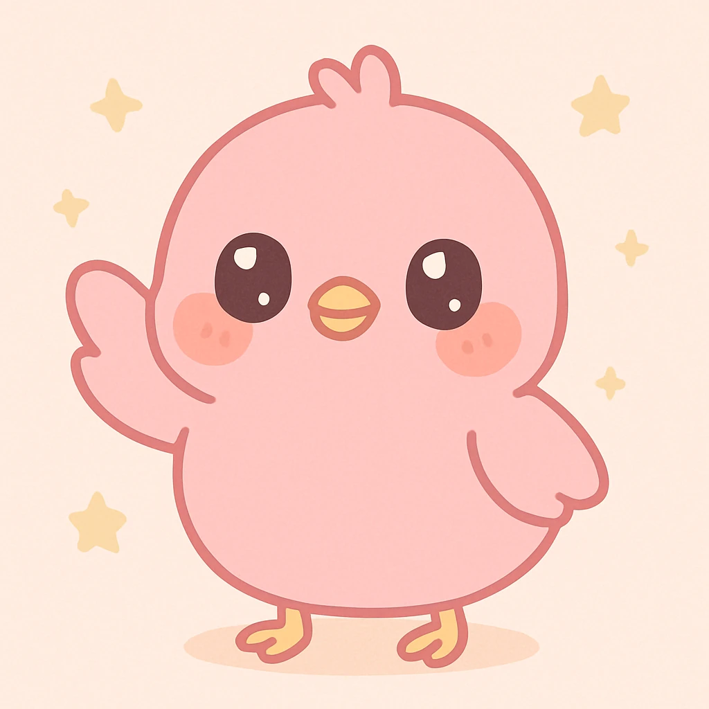 a cute pink chick, original design, big eyes, blushing cheeks, joyful, standing and waving one wing emoji
