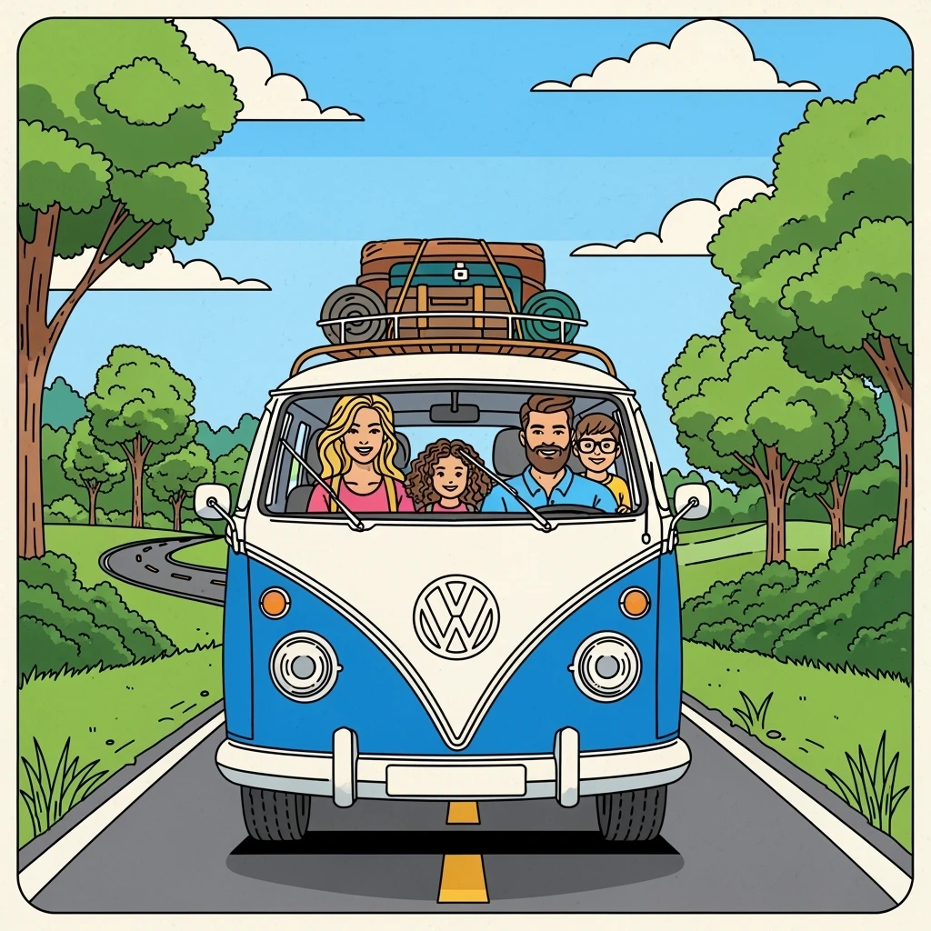 color vector art with thin outline of family on road trip with volkwagon van emoji