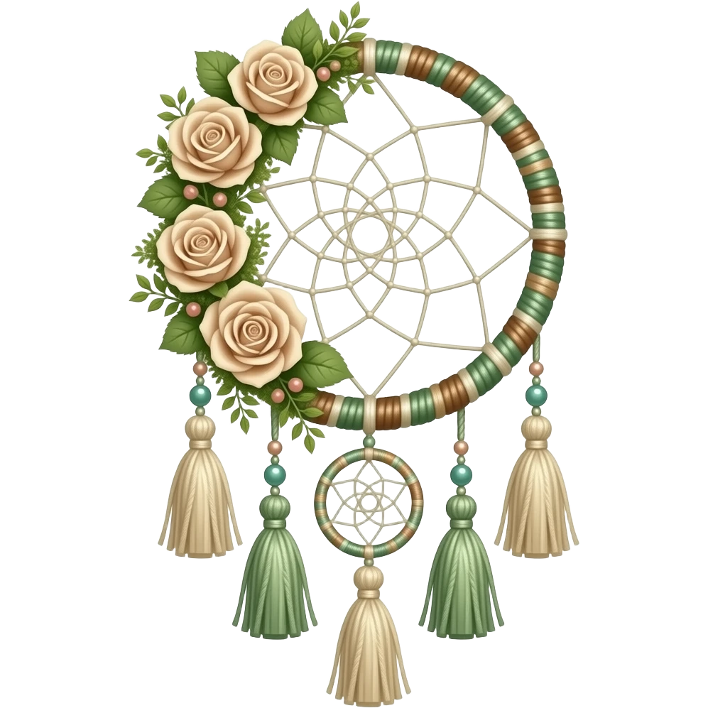 Hippie-like Cute dainty neat Pastel Green-white-brownish-beige-gradients thread-rope-hanging dreamcatcher, pastel colors, whitish, light, green academia aesthetic, mossy, with green vines and beige roses, Cottagecore, Princesscore, shiny glistening, vintage, tassels emoji
