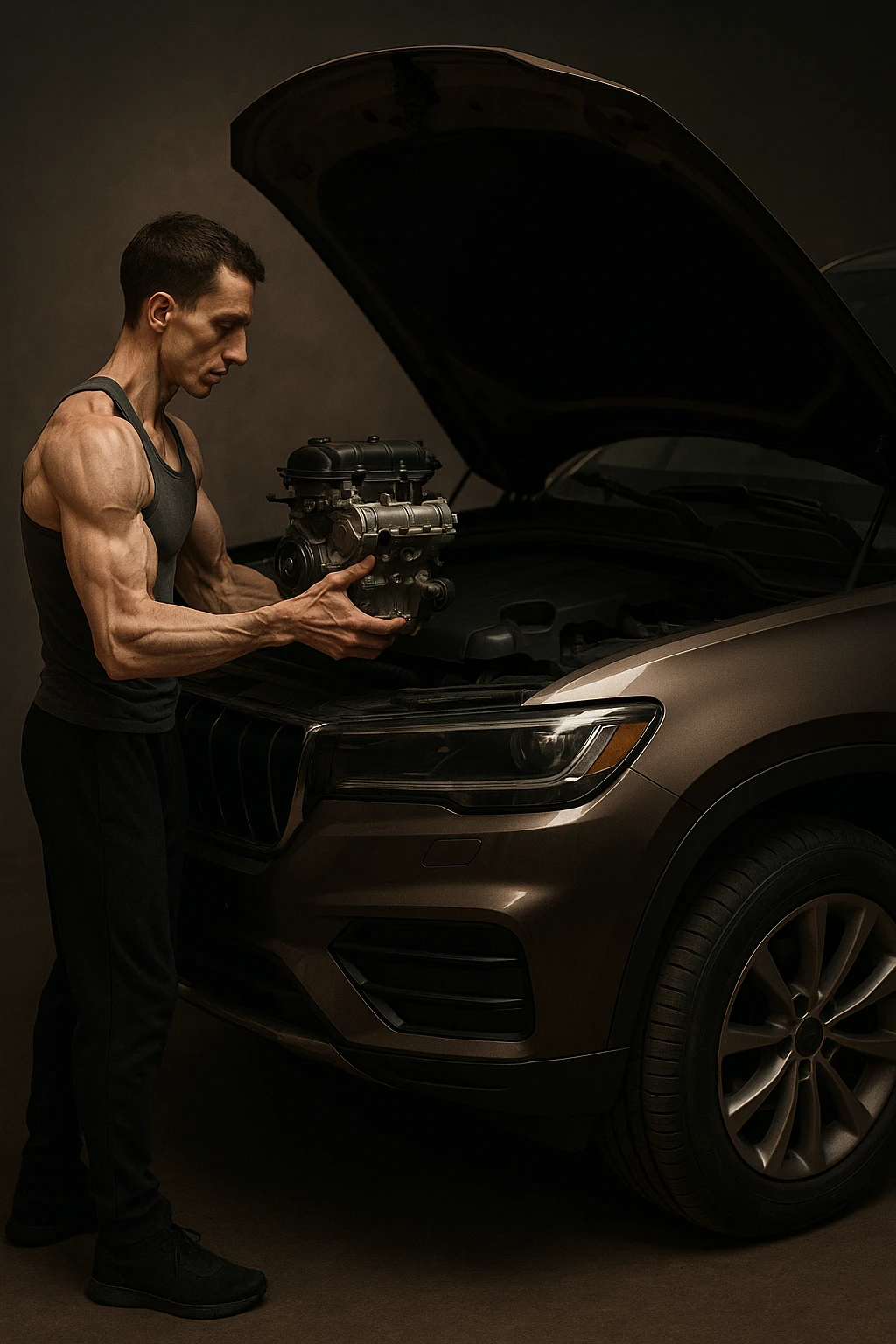 a lean, slimmed-down bodybuilder in gym clothes stands beside a large, imposing car (like an SUV or luxury sedan) with the hood open. Con attenzione e un po’ di fatica, solleva e installa un piccolo motore nel grande vano motore dell’auto. Il contrasto tra la stazza dell’auto e la dimensione ridotta sia del motore che del bodybuilder è evidente. L’atmosfera è riflessiva e simbolica. emoji