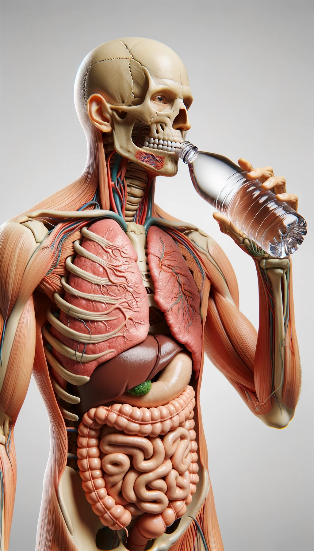 corpo umano anatomico con intestino in evidenza che beve una bottiglietta di acqua con espressione neutra in volto, iperrealistico 4k, isolato su sfondo bianco emoji