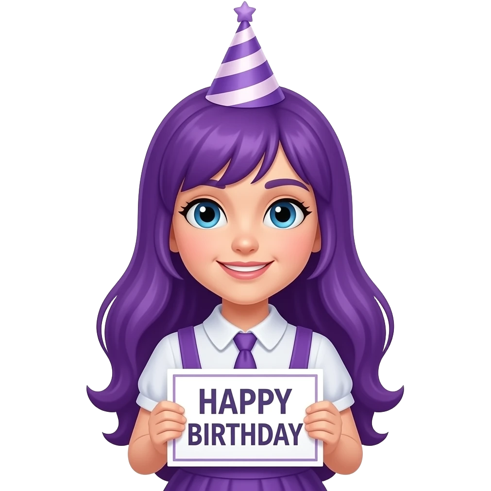 girl with long purple hair wearing a birthday costume holding a HAPPY BIRTHDAY sign emoji