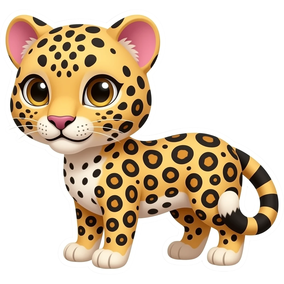 Un sticker de leopardo con un lado rosado en unas de sus orejas y que tenga una mirada coqueta emoji