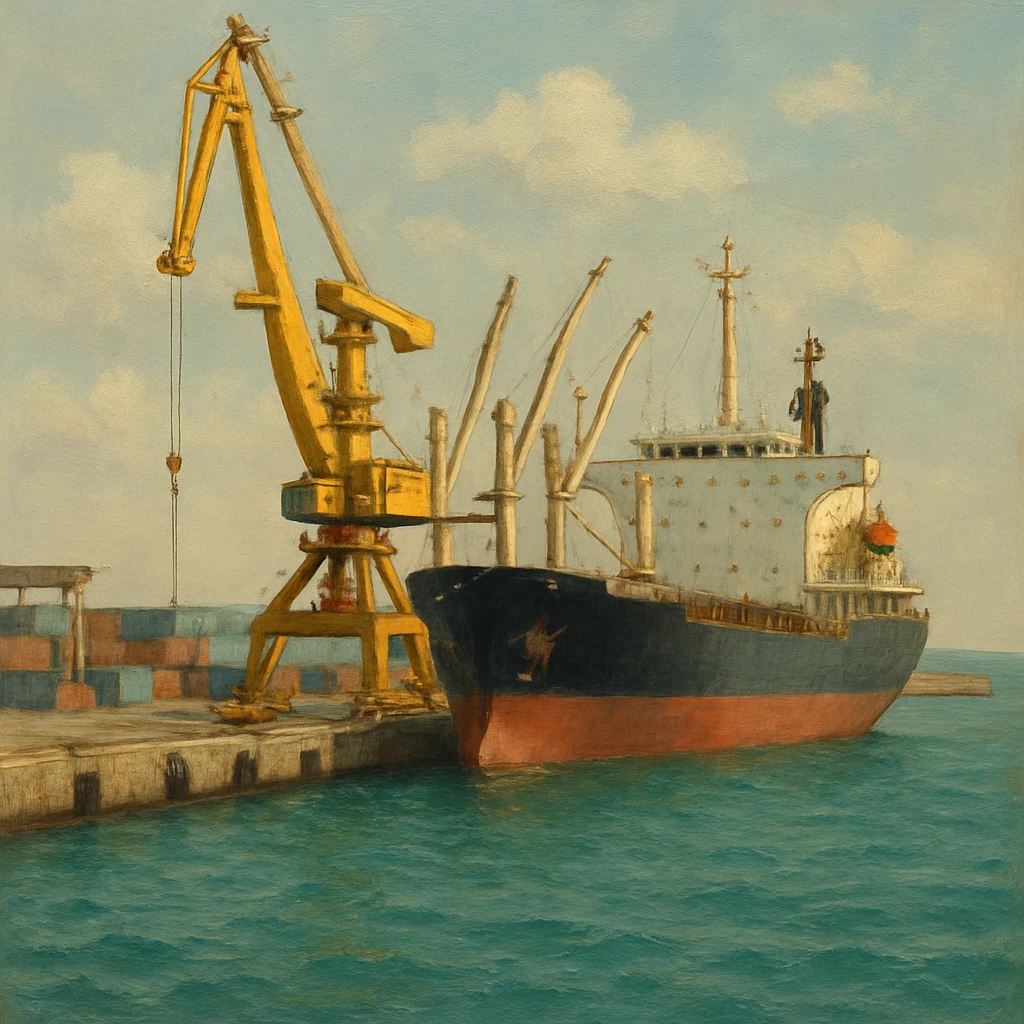 фотография современного торгового порта на берегу моря. На переднем плане — большой грузовой корабль у причала, рядом высокий портовый кран жёлтого цвета. Вода бирюзовая, слегка волнистая, на фоне виден бетонный волнорез и небо с мягкими облаками. Композиция сбалансирована: корабль справа, кран слева. Освещение дневное, естественное, с мягкими тенями. Атмосфера индустриальная, но спокойная, без людей. В СТИЛЕ РЕАЛИСТИЧНОЙ ЖИВОПИСИ на однородном фоне emoji
