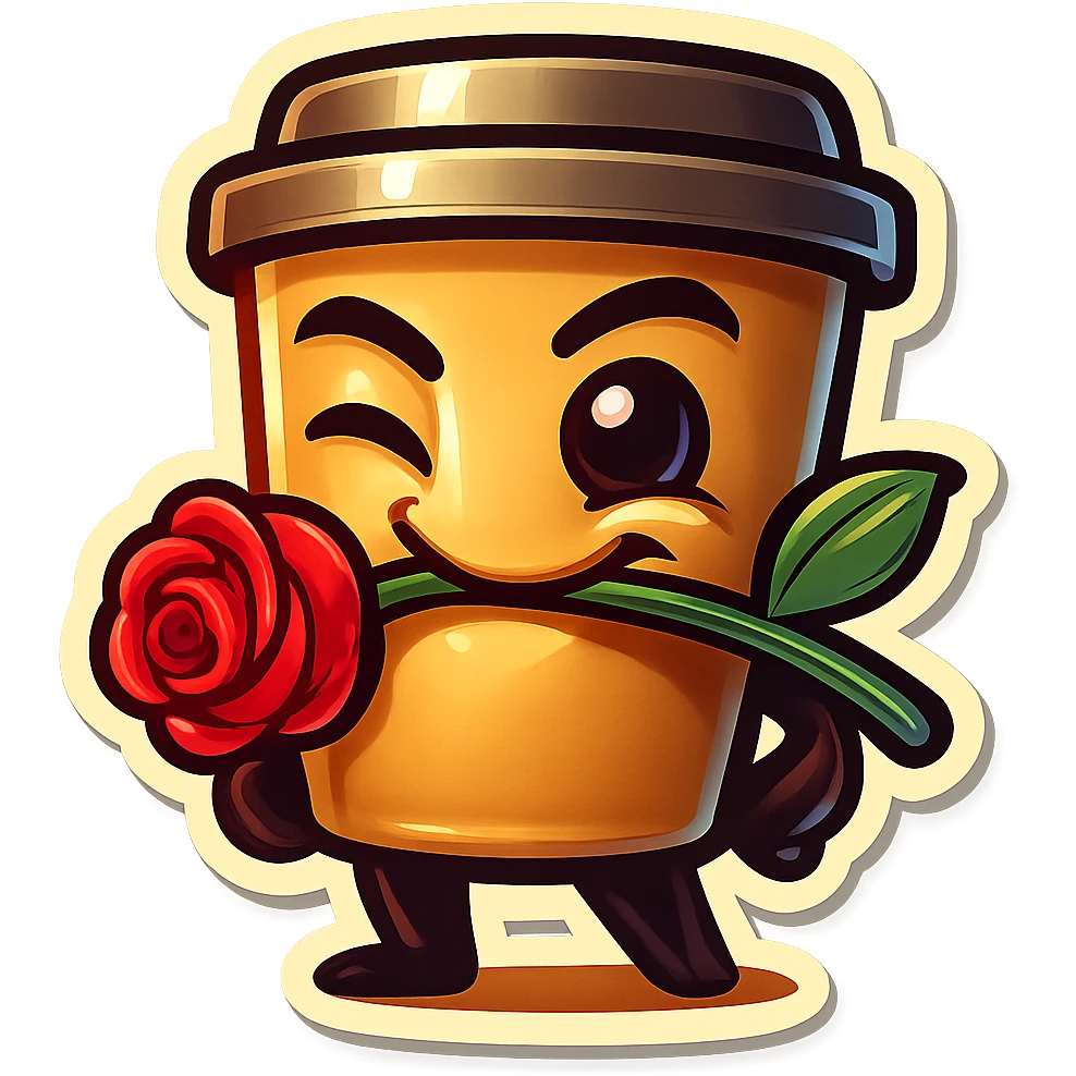 Tall coffee cup, rose in mouth, wiggle eyebrow, smirk emoji