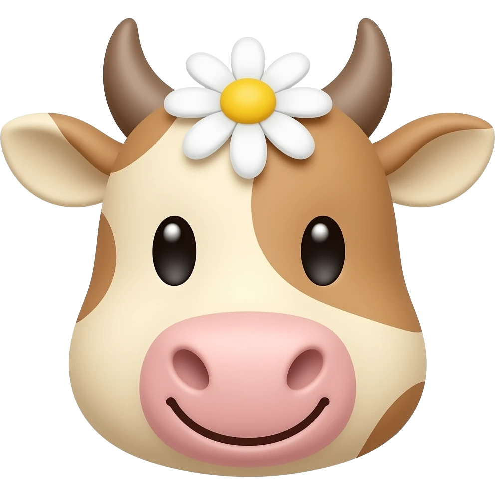 Draw a cute beige cow face emoji, smiling happily, with a white daisy flower on her head, soft pastel colors, kawaii style, rounded features, expressive eyes, sticker style. emoji