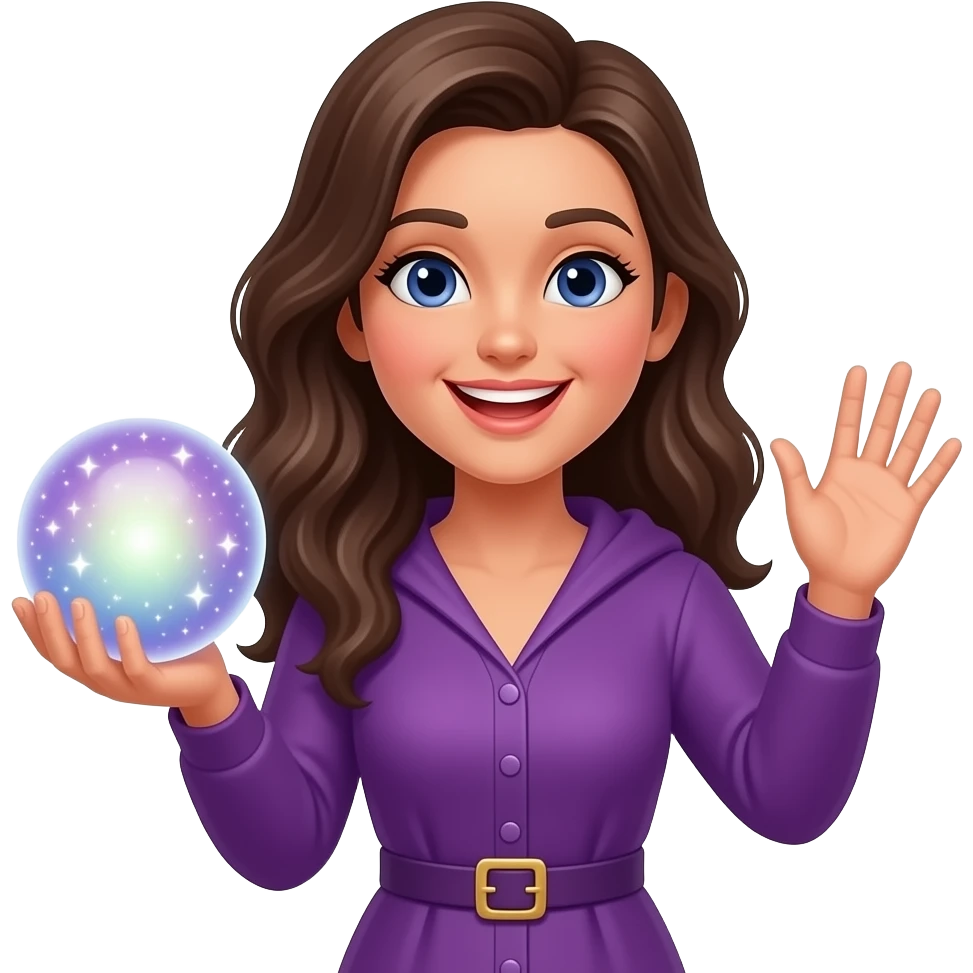Счастливая женщина держит магический  шар и махает рукой  в фиолетовой одежде emoji
