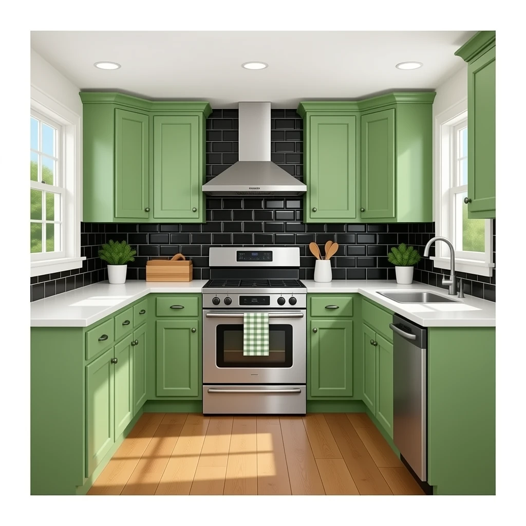 fancy kitchen with black wall tiles, kelly Green cabinets and wood floors emoji