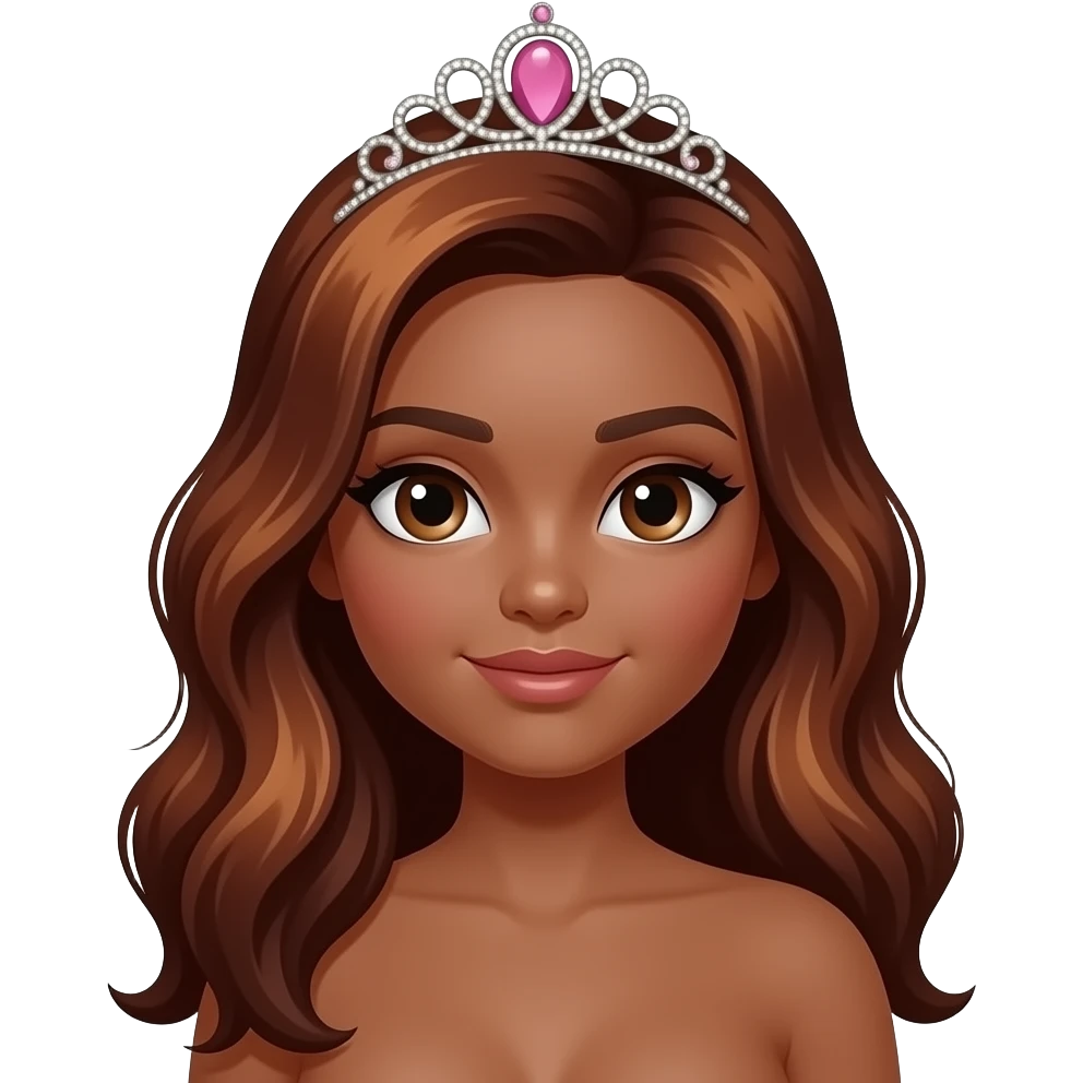 hair with pink tiara, Dark brown eyebrows,Dark brown skin, Doll shaped face, doll eyes, wavy with side part longer straightened auburn  hair with dark brown highlights, big breast no bra emoji