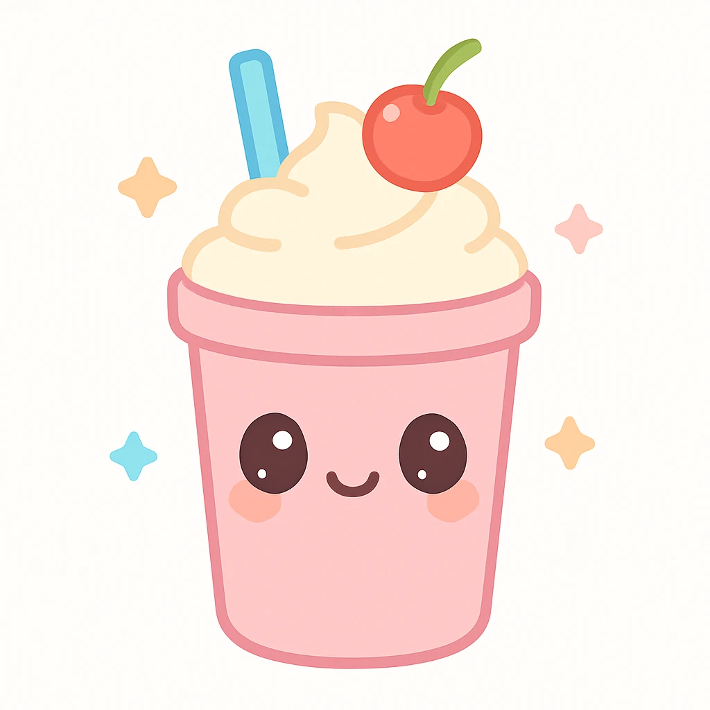 kawaii style smoothie cup with a cute face, whipped cream on top, and a cherry, soft colors emoji