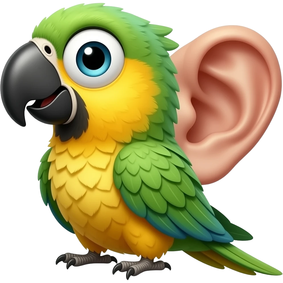 parrot with giant human ear emoji
