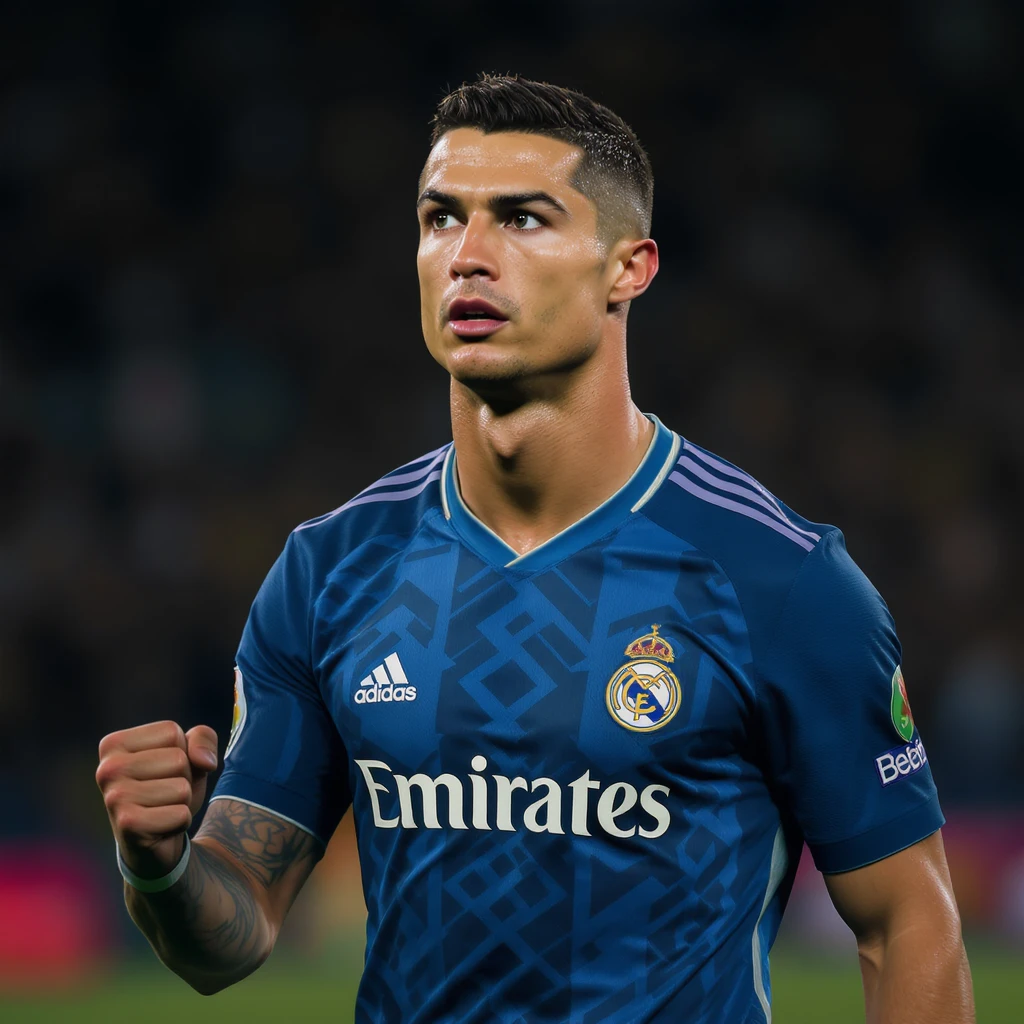 Cristiano Ronaldo, famous footballer, dynamic pose, realistic style, professional photography emoji