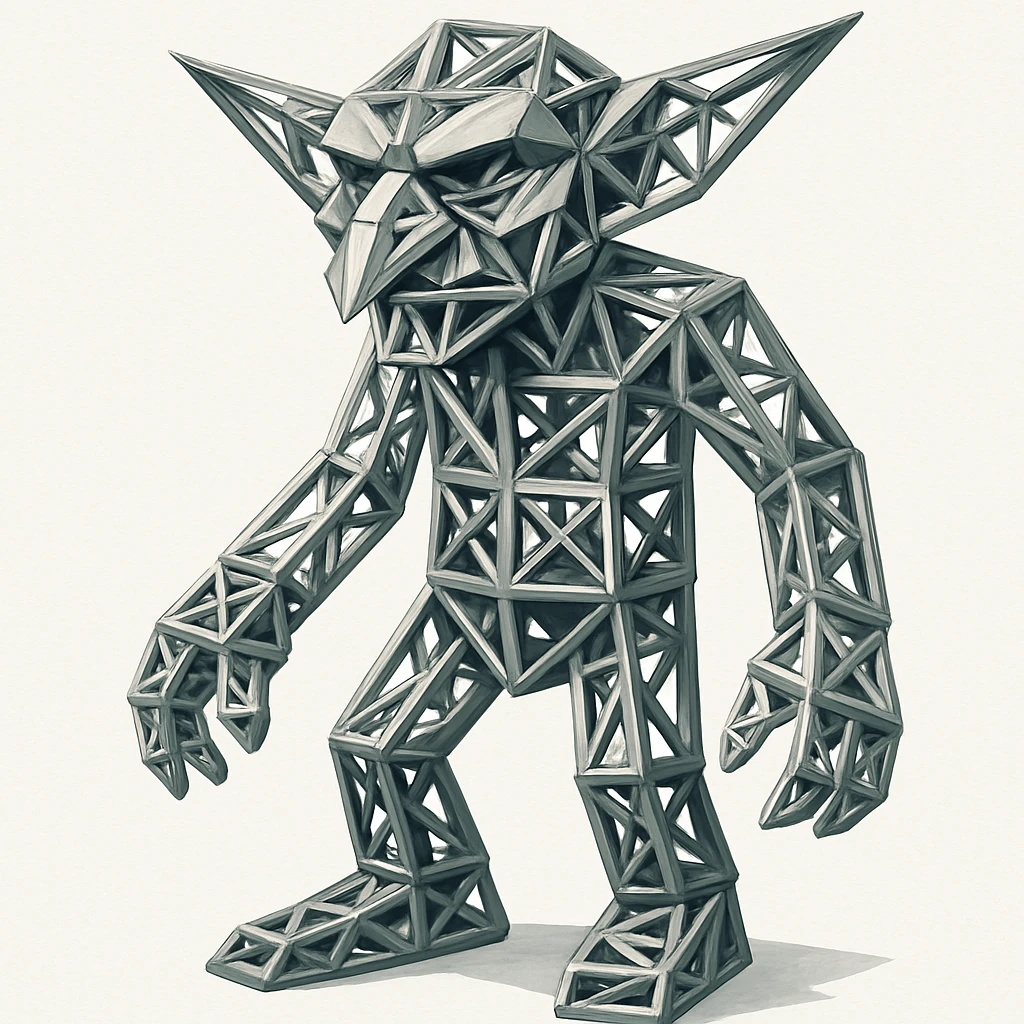 a whimsical full body goblin made of metallic architectural truss structures, white background emoji