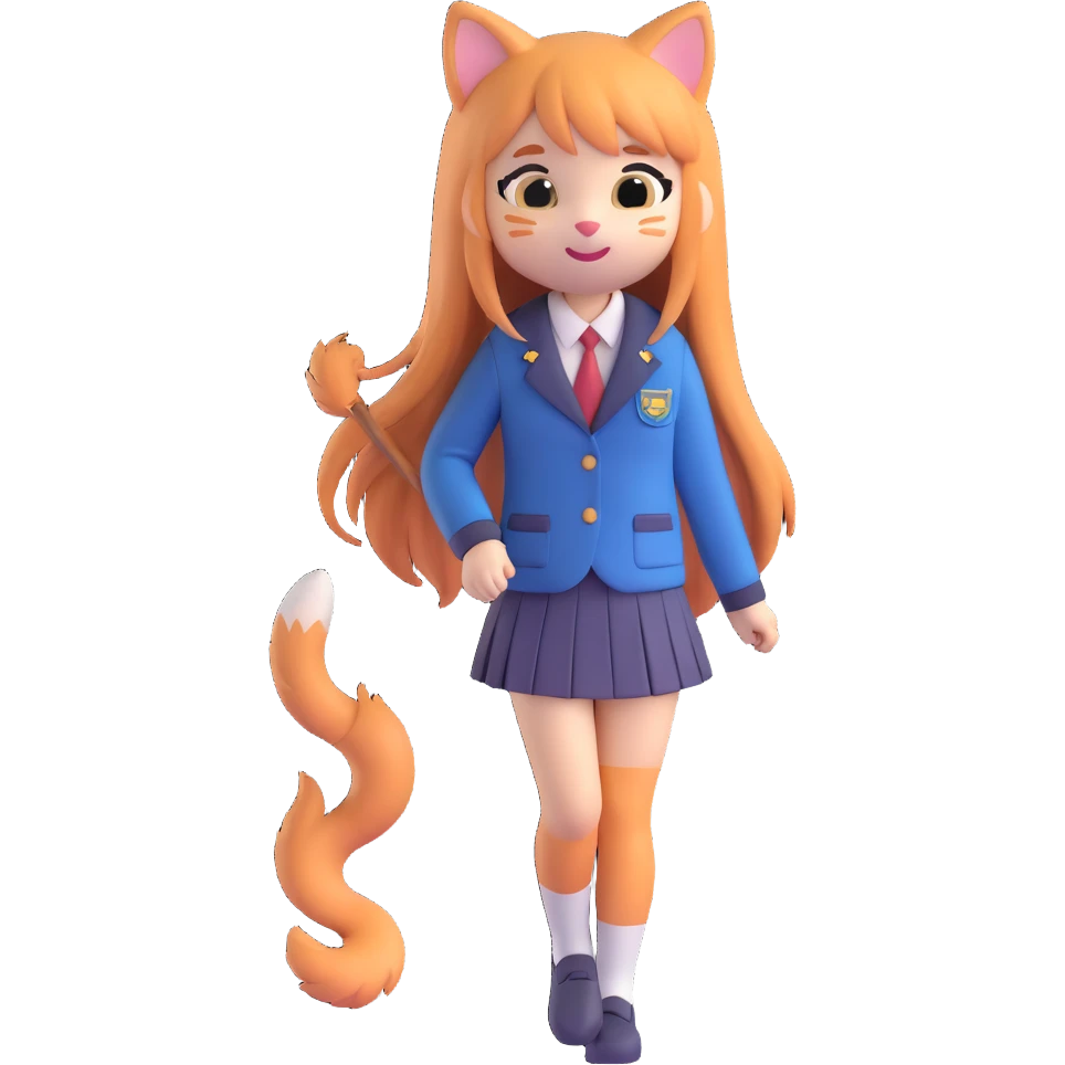 cute 3D cat girl, long flowing hair, shy smile, cat tail, school uniform, soft lighting emoji