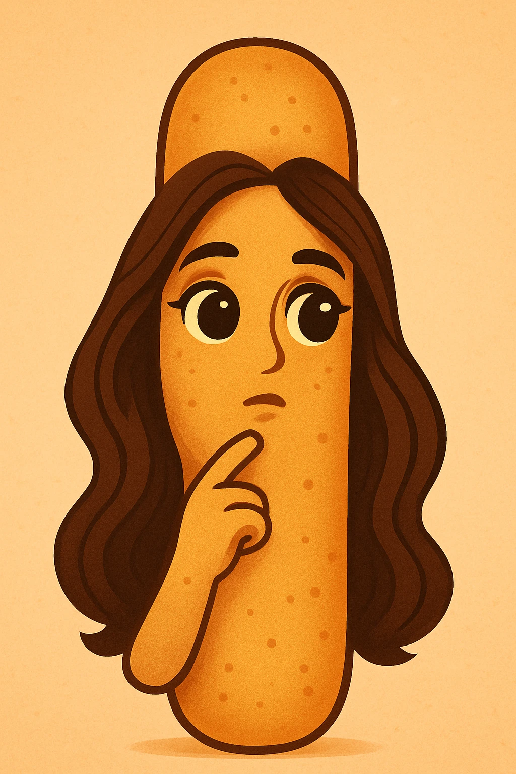 Create a cartoon breadstick emoji with a thoughtful expression, large deep eyes, closed mouth, facial features similar to the person in the reference photo, and long stylized hair on the sides of the breadstick. Use warm colors and a friendly atmosphere. emoji