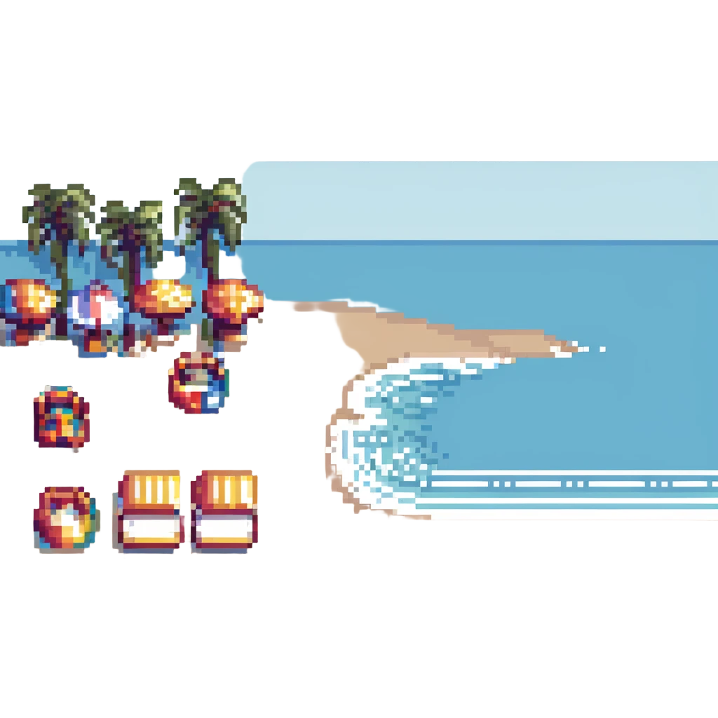 Barcelona beach scene in pixel art style emoji