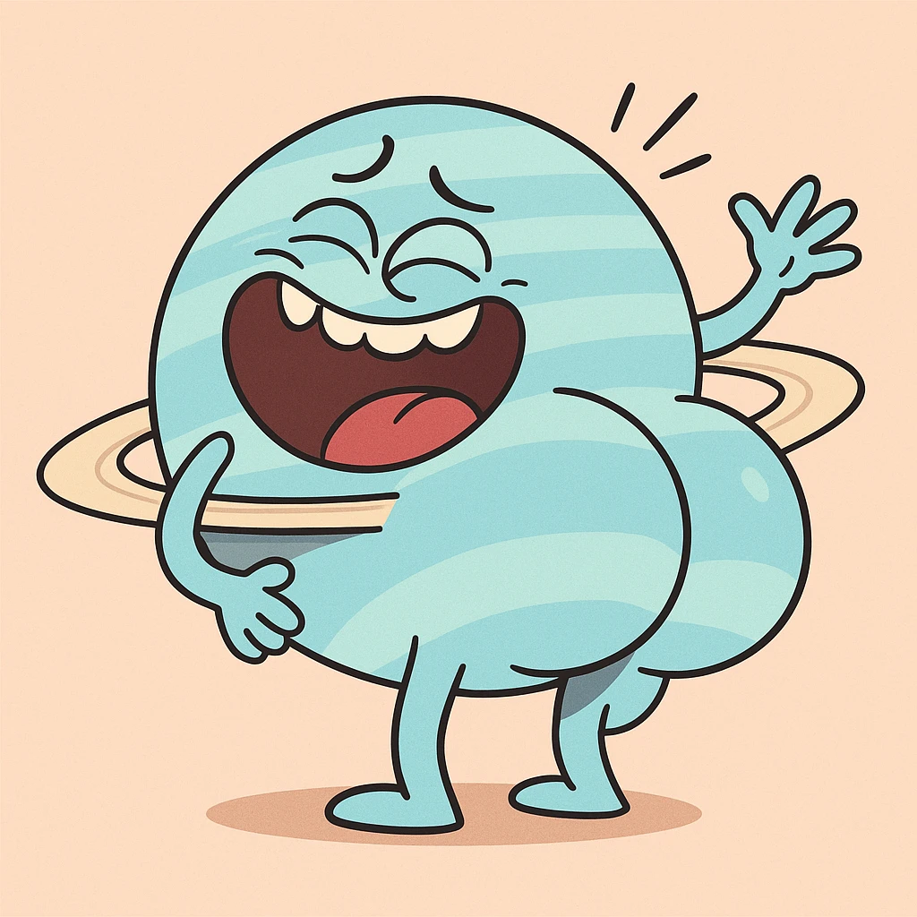 the planet Uranus with a big cartoon butt, laughing hysterically, playful and silly, cartoon style emoji